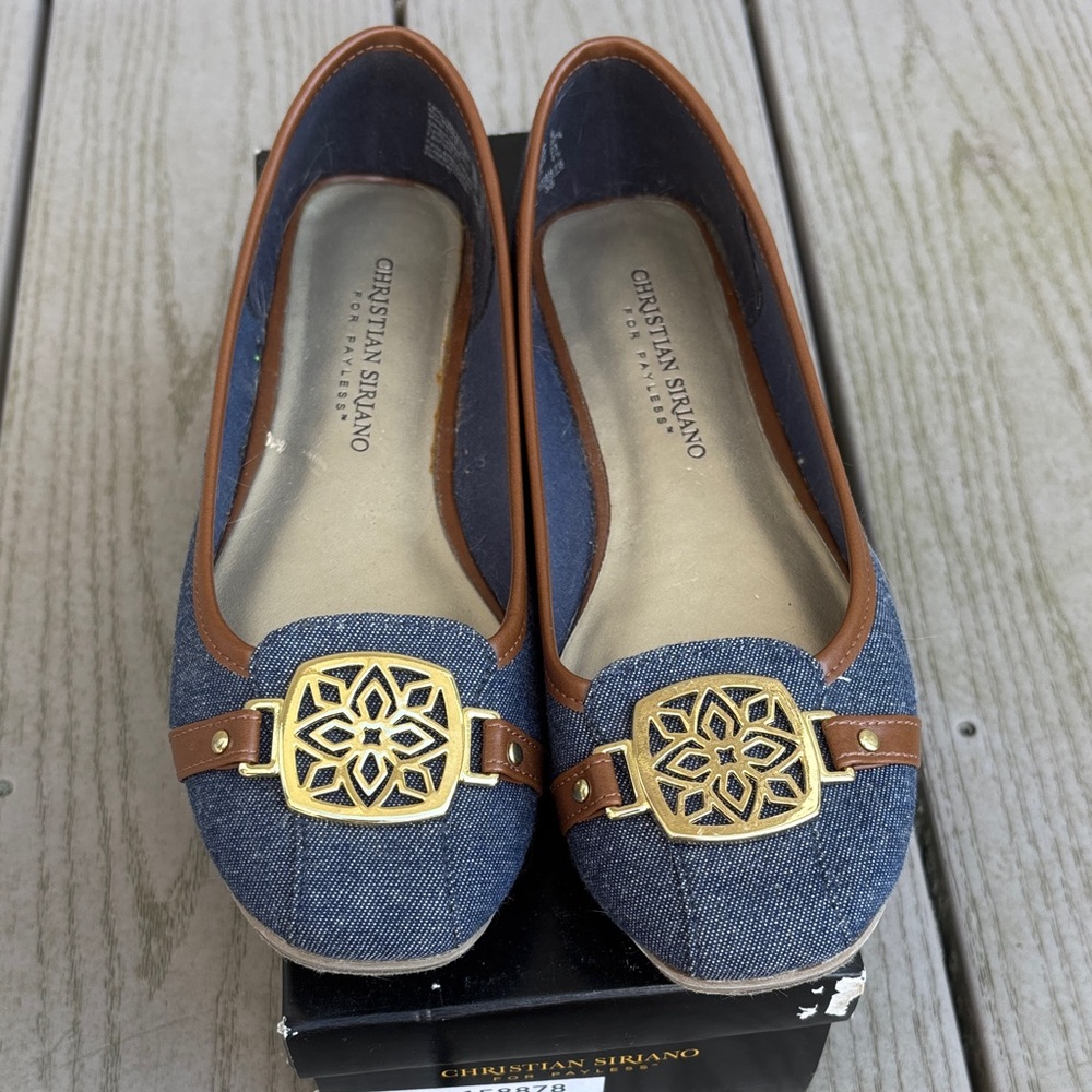 Christian Siriano Denim and Tan Loafers with Gold Accent
